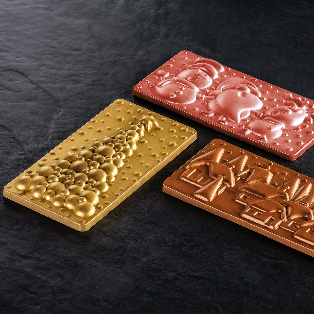 Polycarbonate Chocolate-Bar Mold with Three Xmas-Village Cavities by Pavoni – 77mm x 154mm x 10mm H, Polycarbonate, Xmas Village, Model PC5038