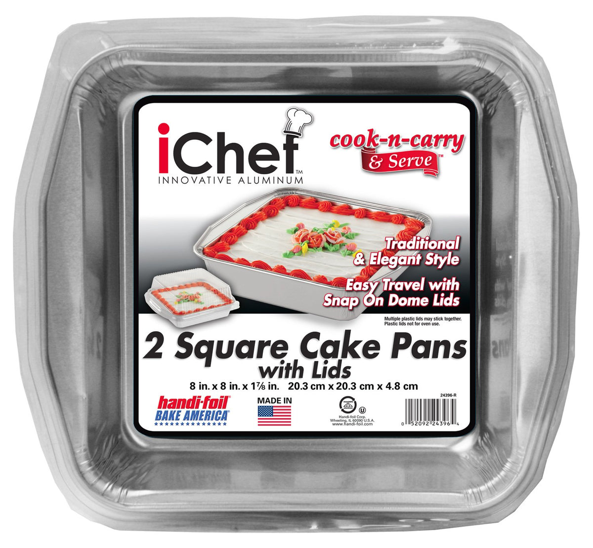 iChef Square Cake Pans by Handi-Foil – 2 Count (Pack of 1), 8 inches, Aluminum, Clear, Model 352098