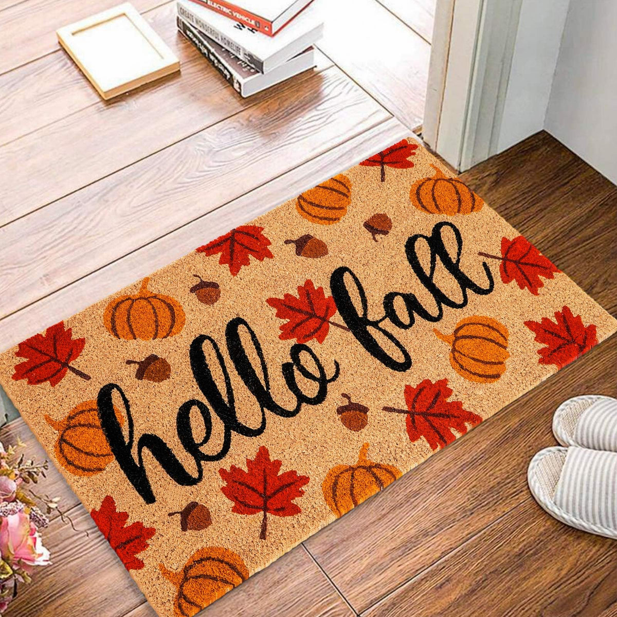 JarThenaAMCS Coir Doormat, Hello Fall Maple Leaf Pumpkin Design, 16.5 x 29.1 Inch