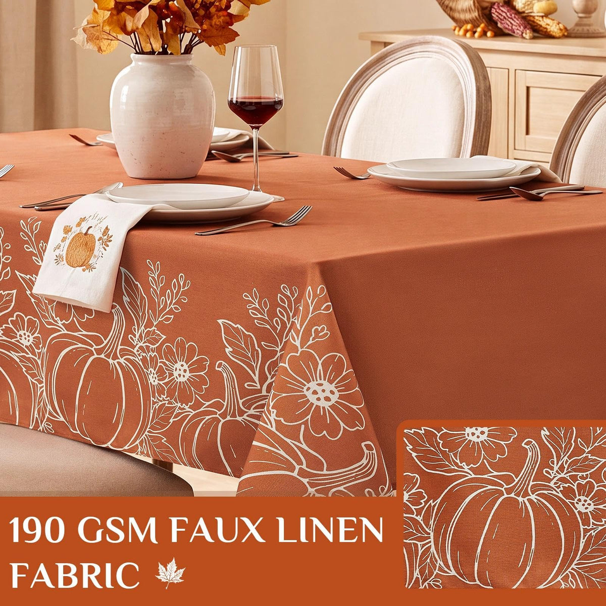 Softalker Faux Linen Fall Tablecloth, 60x104 Inch Rectangle, Pumpkin & Leaf