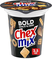 Chex Mix Bold Garlic & Herb Snack Mix, Snack Cup, 2.5 oz | Individual Cup, Fits Car Cupholder, 50% Less Fat than Regular Potato Chips, Corn & Wheat Chex, Rye Chips