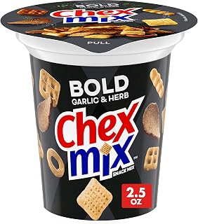 Chex Mix Bold Garlic & Herb Snack Mix, Snack Cup, 2.5 oz | Individual Cup, Fits Car Cupholder, 50% Less Fat than Regular Potato Chips, Corn & Wheat Chex, Rye Chips