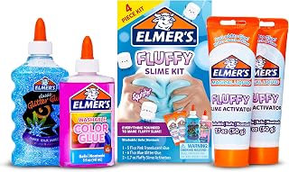 Elmer’s Fluffy Slime Kit, Includes Translucent Color Glue, Glitter Glue, Fluffy Slime Activator, 4 Count - Perfect for Birthday Parties, Summer Fun, Creative Kids Activity