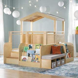 Guidecraft Cozy Corner Reading Loft for Toddlers: Solid Birch Wood Classroom Reading Corner with Canopy, Carpet, Cushion, Bookshelves & Cubby Storage Bins for Kids & Preschoolers Ages 18 Months and up