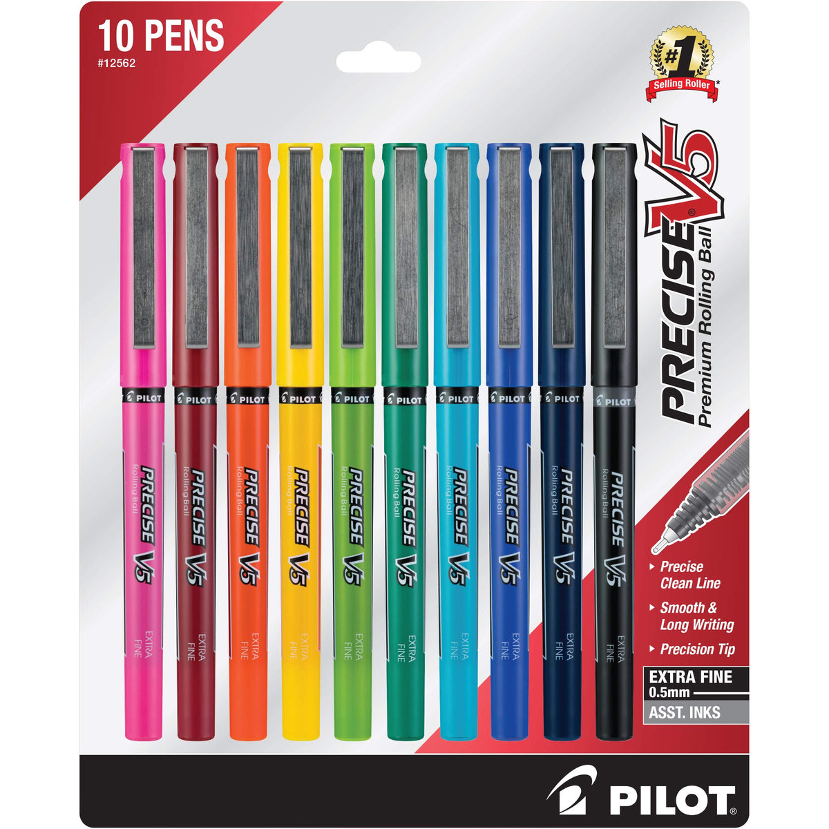 Precise V5 Rollerball Pens by PILOT – 1 Count (Pack of 10), Plastic, Assorted Colors, Pack of 10, Model 12562