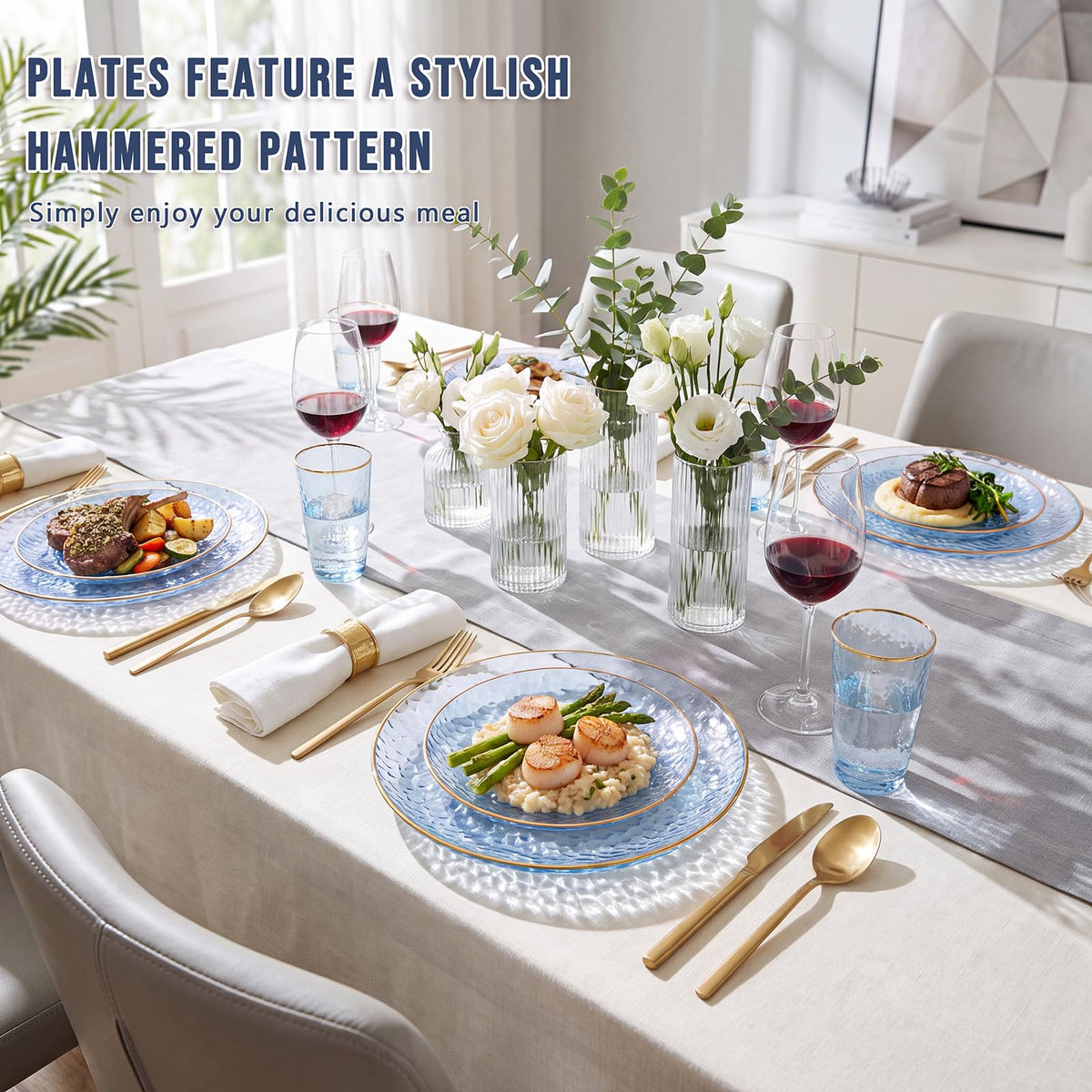 Rubtlamp Hammered Plastic Plates, Clear Blue With Gold Rim, 60 Count