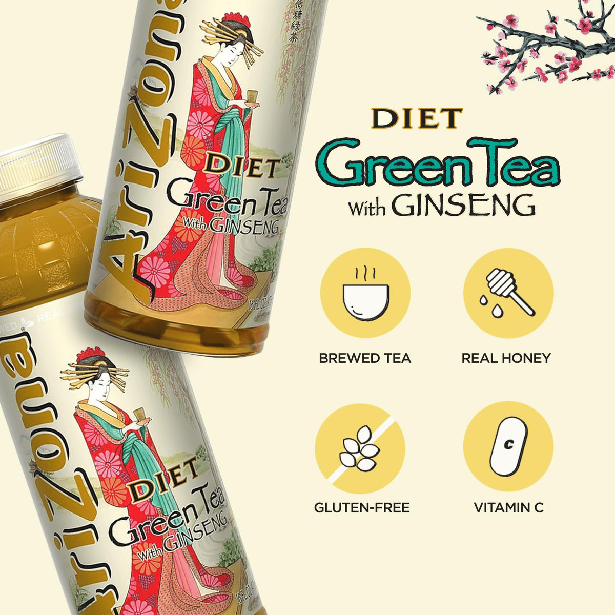 Diet Green Tea with Ginseng - 16 Fl Oz (24 Pack) by AriZona – 16 Fl Oz (Pack of 24), Pack of 24