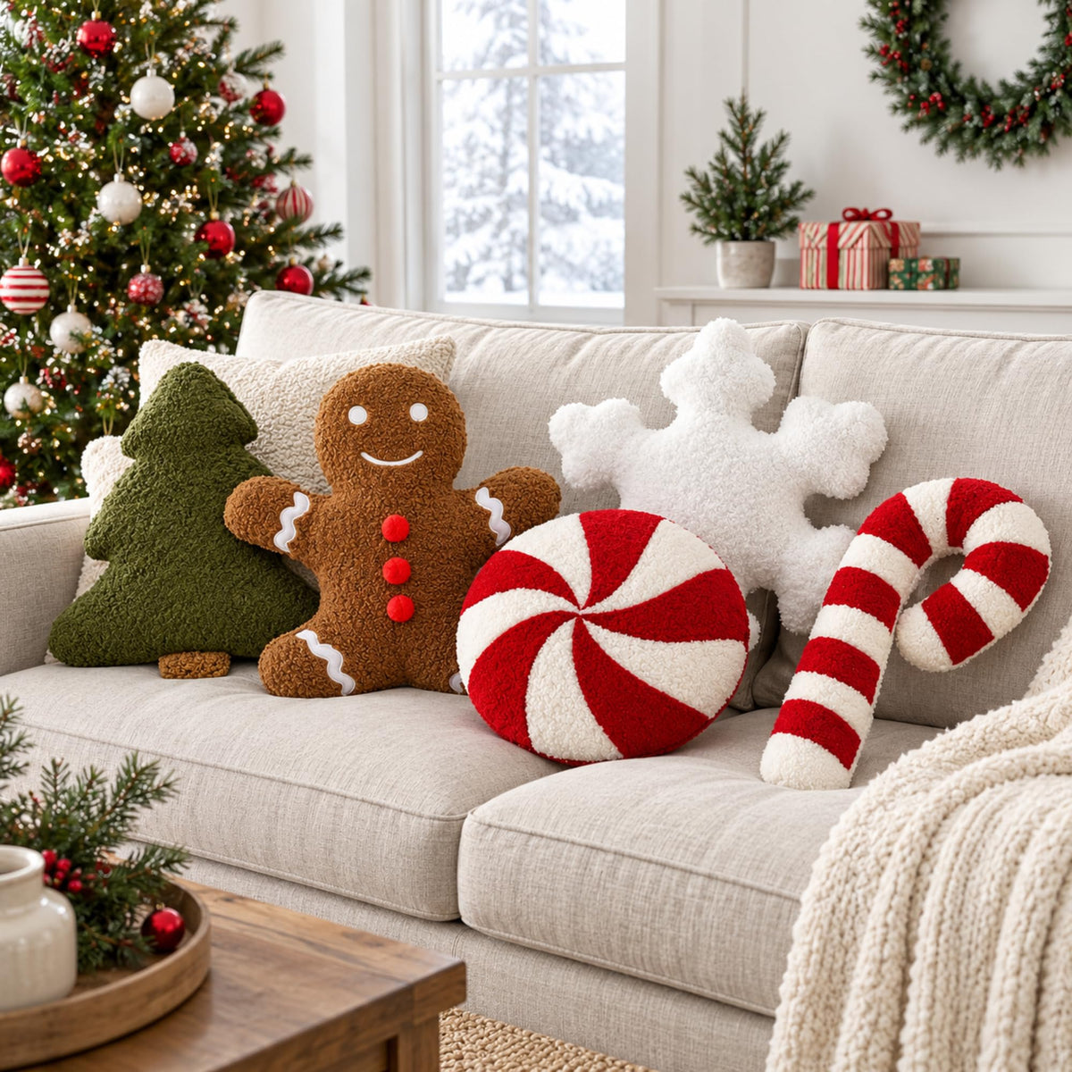 Memorywuu Christmas Throw Pillow Set, 5 Pack, Gingerbread and Tree Design