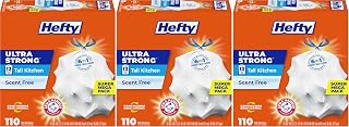 Hefty Ultra Strong 13 Gallon Trash Bags, Tall Kitchen Trash Bags 13 Gallon Size, Drawstring Closure, Continuous Odor Control, White, Unscented, 110-Bags (Pack of 3)