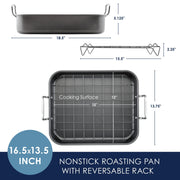 Rachael Ray Steel Roasting Pan with Rack, 16.5 x 13.5 Inch, Gray