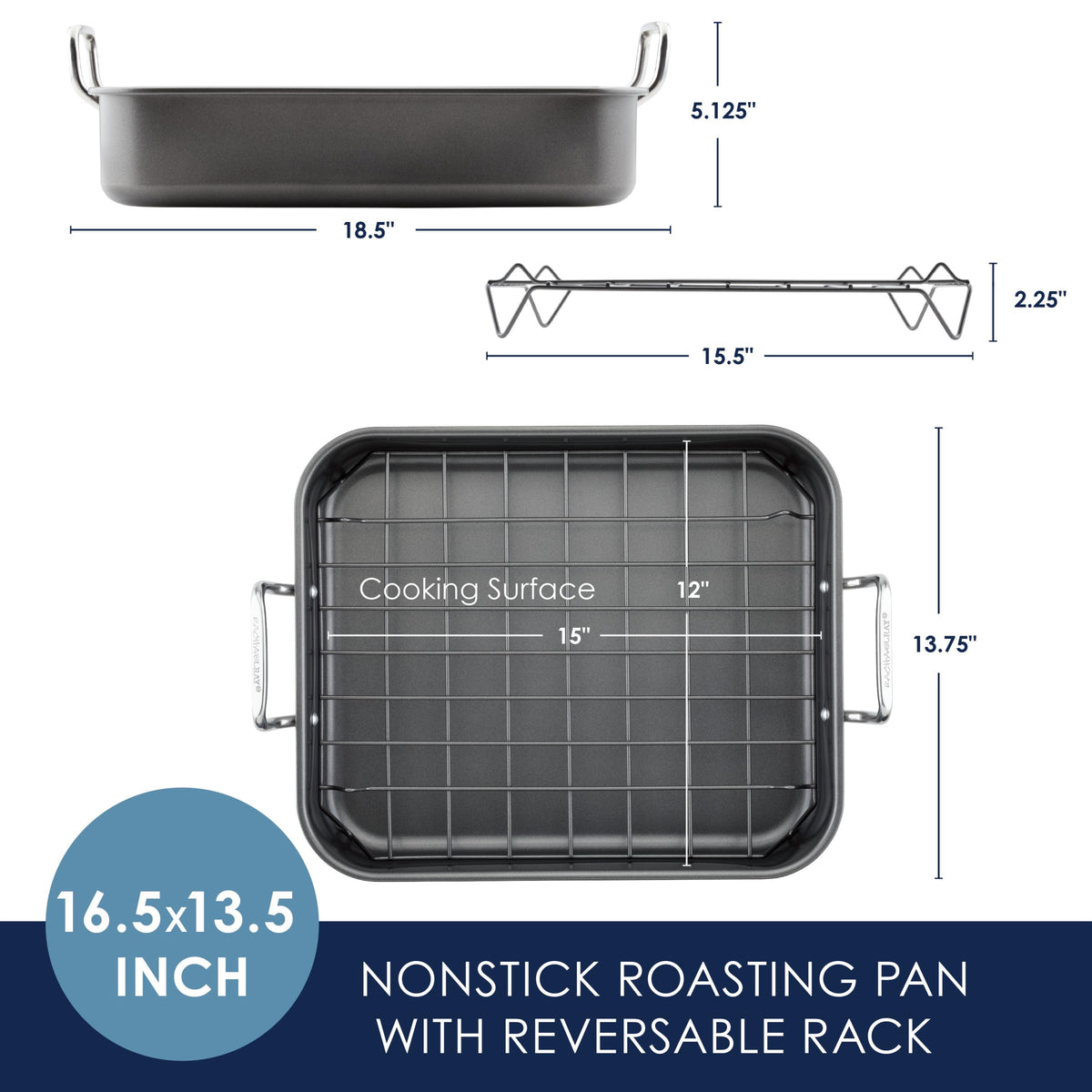 Rachael Ray Steel Roasting Pan with Rack, 16.5 x 13.5 Inch, Gray
