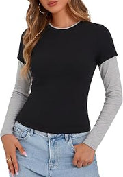 Women's Patchwork T-Shirt Long Sleeved Fake Two-Piece Tops