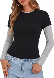 Women's Patchwork T-Shirt Long Sleeved Fake Two-Piece Tops