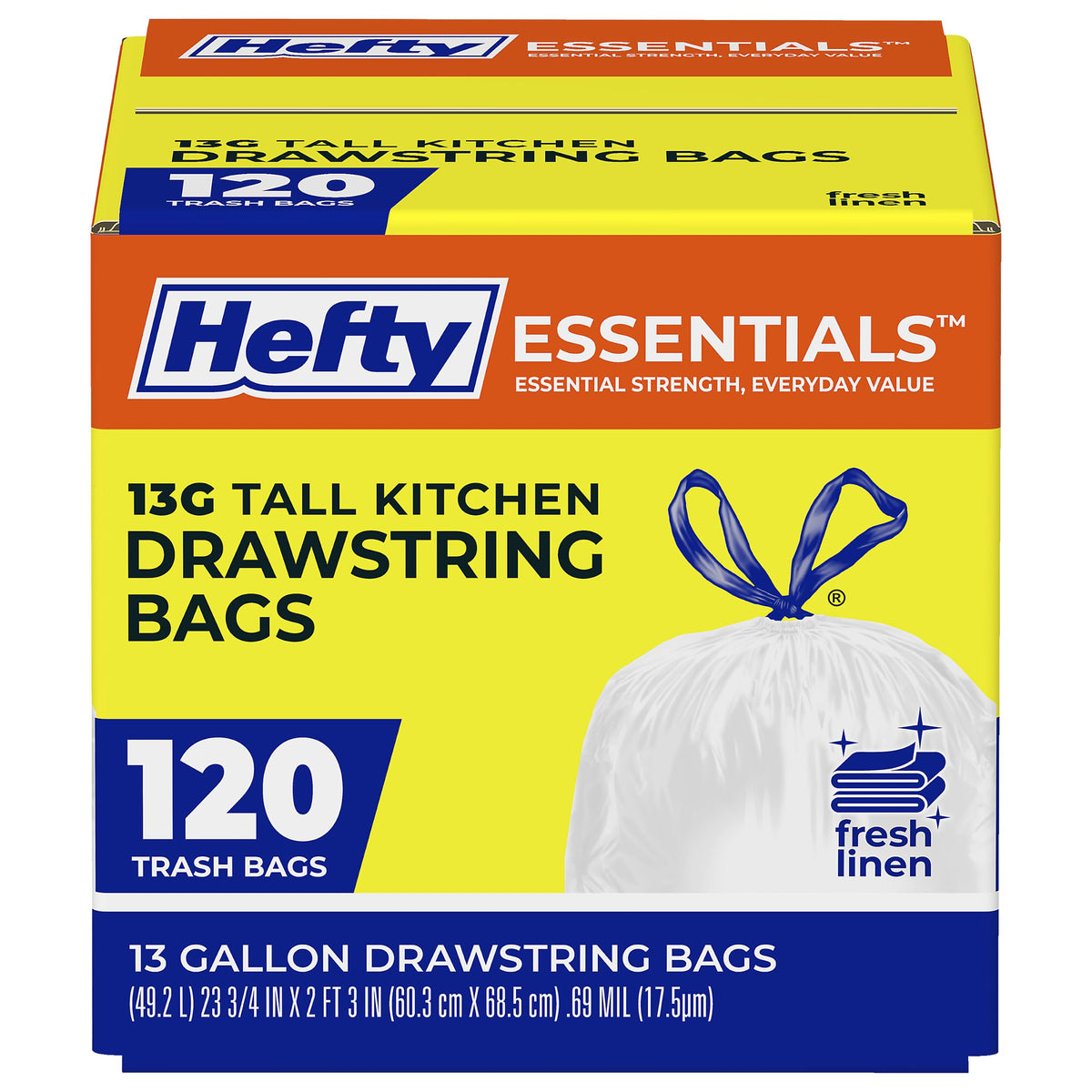 Essentials 13 Gallon Kitchen Trash Bags by Hefty – 120 Count (Pack of 1), 13.0 gallons, PE, White, Model E89168PR