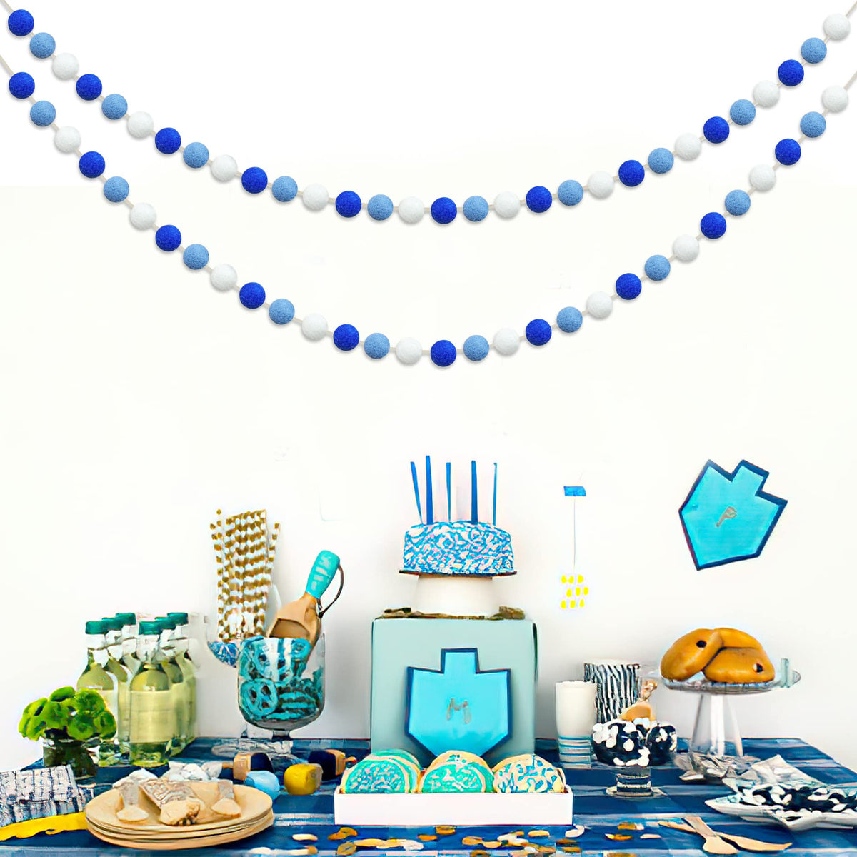 Partyprops Felt Ball Garland, 60 Balls, Blue Dark Blue White