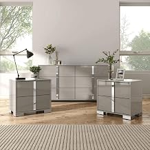 Furniture of America Alistair Modern Solid Wood 3-Piece Nightstands and Dresser Set with Ball-Bearing Glides, Chrome Legs, Vertical Chrome Handles, Light Taupe