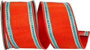 Reliant Ribbon Sequin Trimming Striped Edge Dupioni Deluxe Wired Edge, Orange/Turquoise, 2-1/2 Inch, 5 Yards
