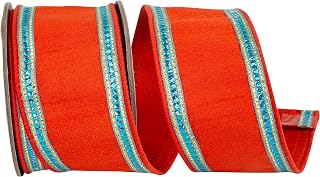 Reliant Ribbon Sequin Trimming Striped Edge Dupioni Deluxe Wired Edge, Orange/Turquoise, 2-1/2 Inch, 5 Yards