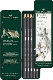Faber-Castell 5 Piece Quality Water-Soluble Graphite Aquarelle Pencils in a Tin, Including HB, 2B, 4B, 6B and 8B, Grey