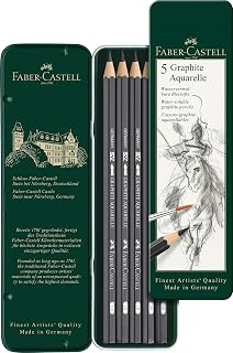 Faber-Castell 5 Piece Quality Water-Soluble Graphite Aquarelle Pencils in a Tin, Including HB, 2B, 4B, 6B and 8B, Grey
