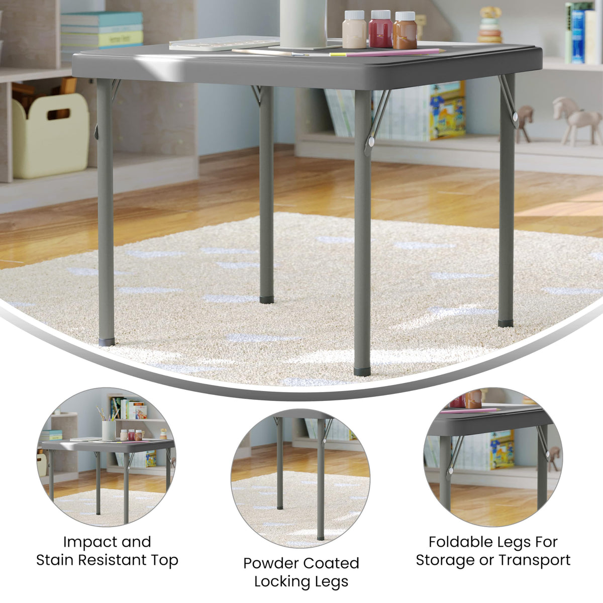 Kids 24x24 in Plastic Locking Folding Table by Flash Furniture – 24" Square, Steel, Plastic, Granite Gray, Model RB-2424-KID-GY-GG