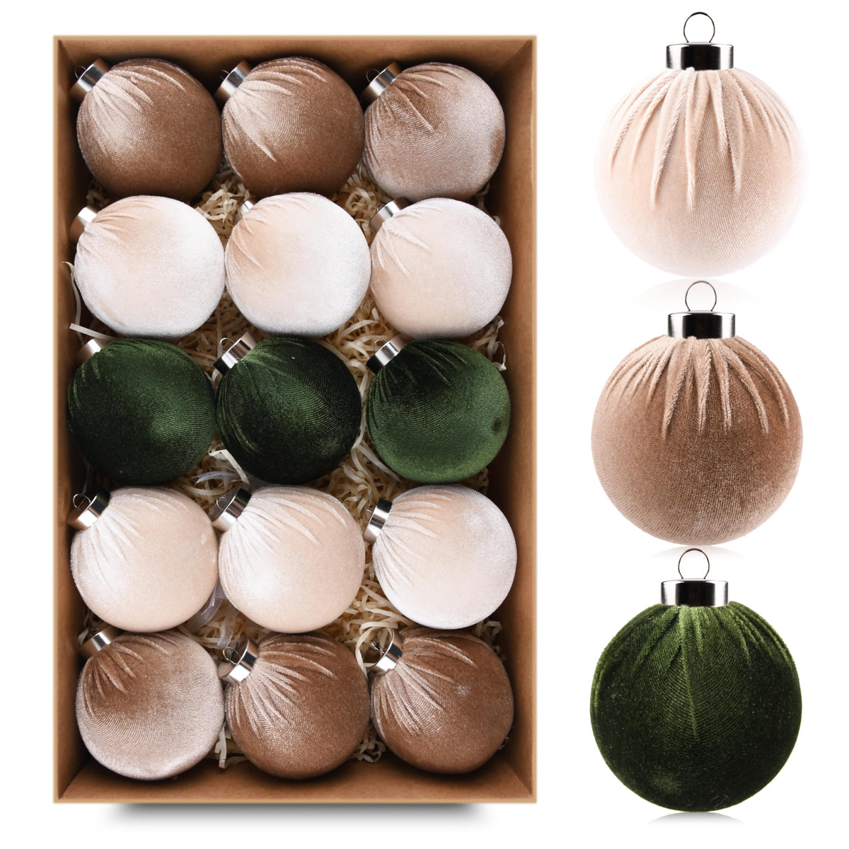Vtyepou Velvet Christmas Ornaments, 3.15 Inch, Brown Green Neutral, Pack of 15