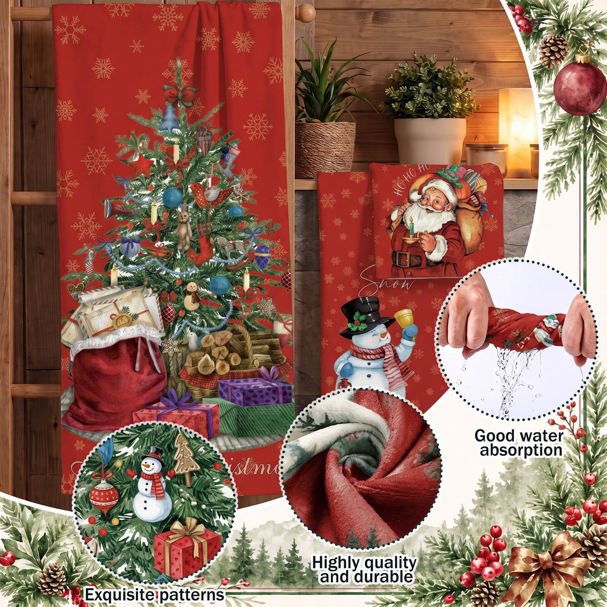 Moukeren Christmas Bath Towel Set, 3-Piece Microfiber, Multicolored