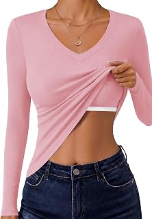 Long Sleeve Shirts for Women with Built in Bra Rib Knit V Neck Tops