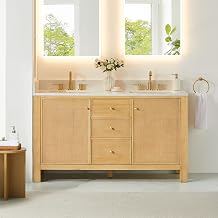 Cedar 60" Wood Vanity in Natural Wood Grain Engineered Stone Top no Mirror