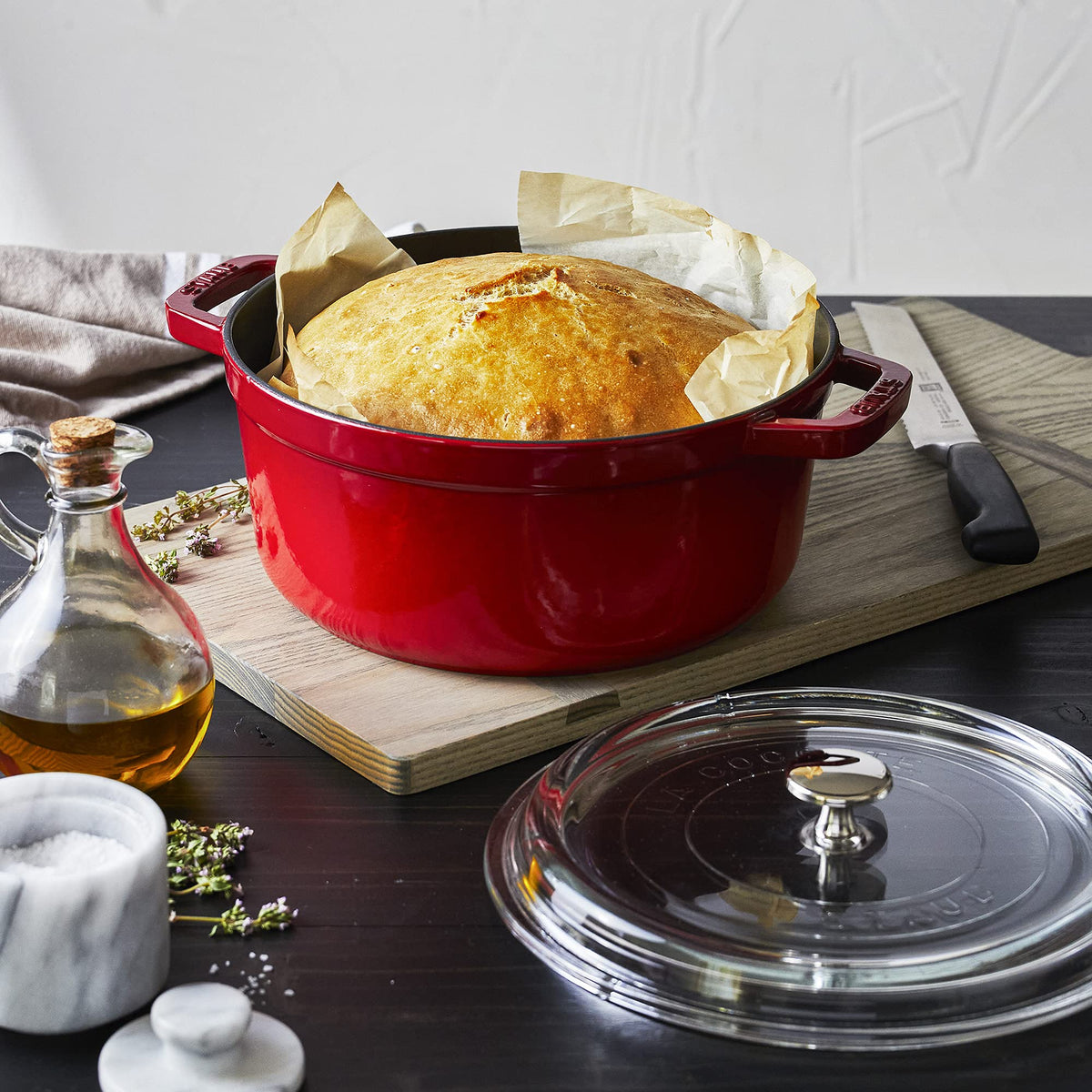 Cast Iron Dutch Oven 4-qt Round Cocotte with Glass Lid by STAUB – 4-qt, 4 quarts, Cast Iron, Cherry with Glass Lid, Model 11412406