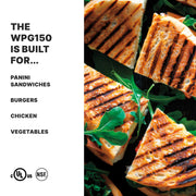 Panini Press with 9.75" x 9.25" Cooking Surface & 120V by Waring – Compact Cooking Surface Machines, Stainless Steel, Silver, Model WPG150