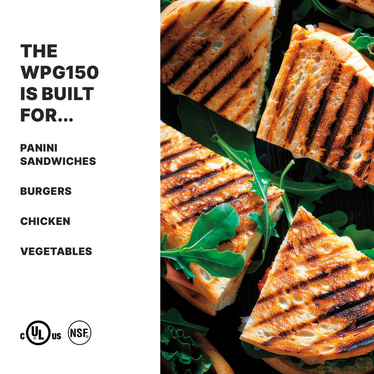 Panini Press with 9.75" x 9.25" Cooking Surface & 120V by Waring – Compact Cooking Surface Machines, Stainless Steel, Silver, Model WPG150