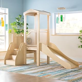 Guidecraft Toddler City Loft: Kids' Multi-Level Solid Birch Wood Sensory Gross Motor Activity Center with Slide, Stairs, Crawl Space and Safety Rails for Home & Classroom | Ages 18M+