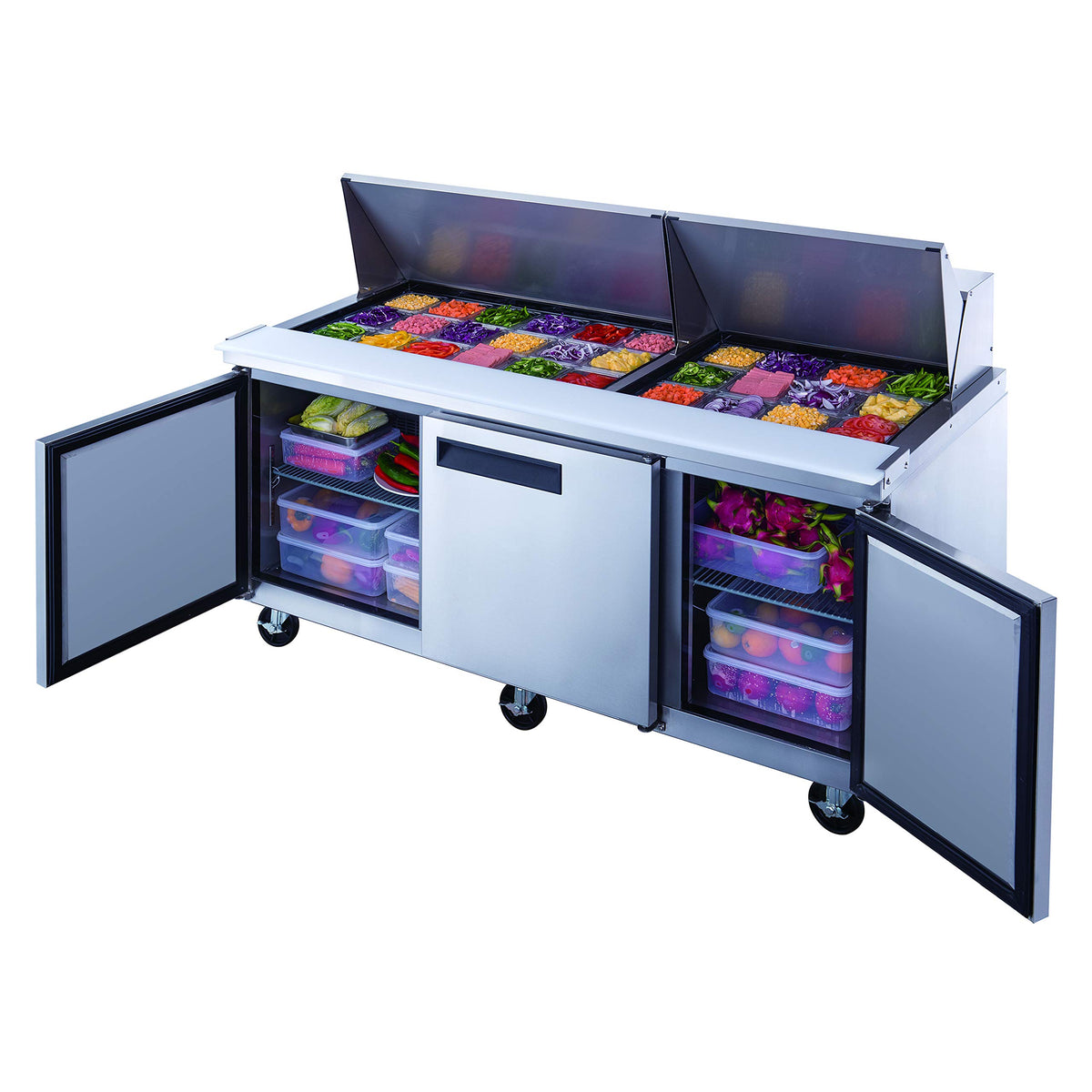 3-Door Commercial Food Prep Table Refrigerator in Stainless Steel by Dukers – 72 1/4" x 31 1/2" x 45 5/8", 17.5 cubic_feet, Stainless Steel, Model DSP72-30M-S3