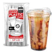 24 oz Clear Plastic Cups with Lids Disposable by Stock Your Home – 2 Pack Pack of 250, 24.0 ounces, Plastic, Clear, Pack of 500