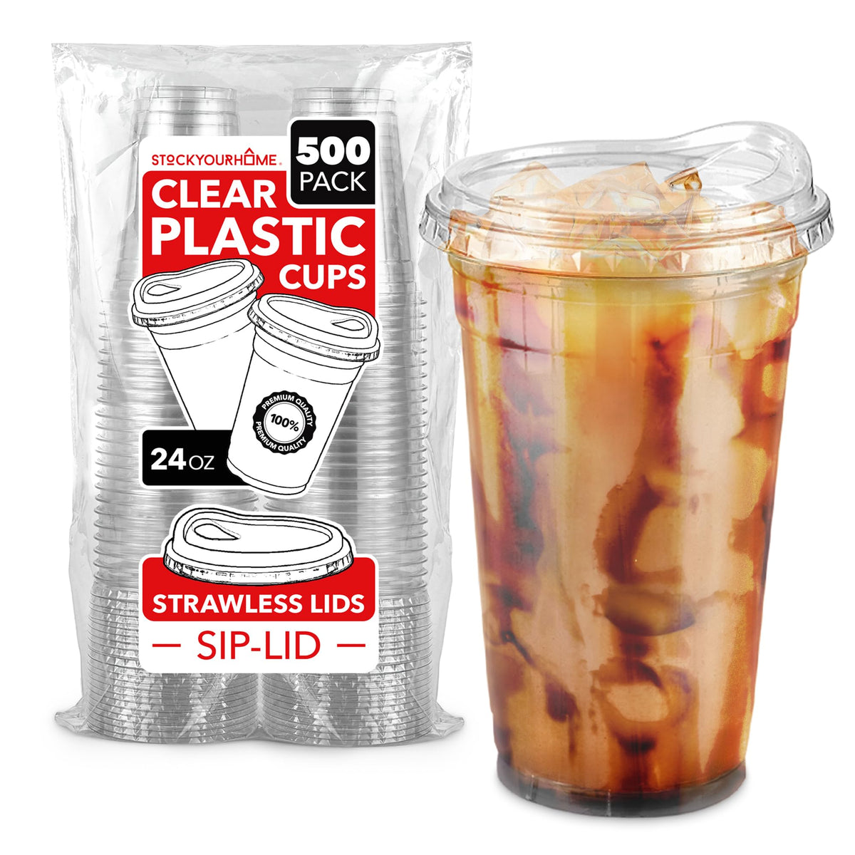 24 oz Clear Plastic Cups with Lids Disposable by Stock Your Home – 2 Pack Pack of 250, 24.0 ounces, Plastic, Clear, Pack of 500