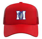 Curtis-Tufts M Mustang Trucker Hat with Adjustable Mesh Back by Curtis-Tufts High School, Medford, MA 02155 – Polyester, Red
