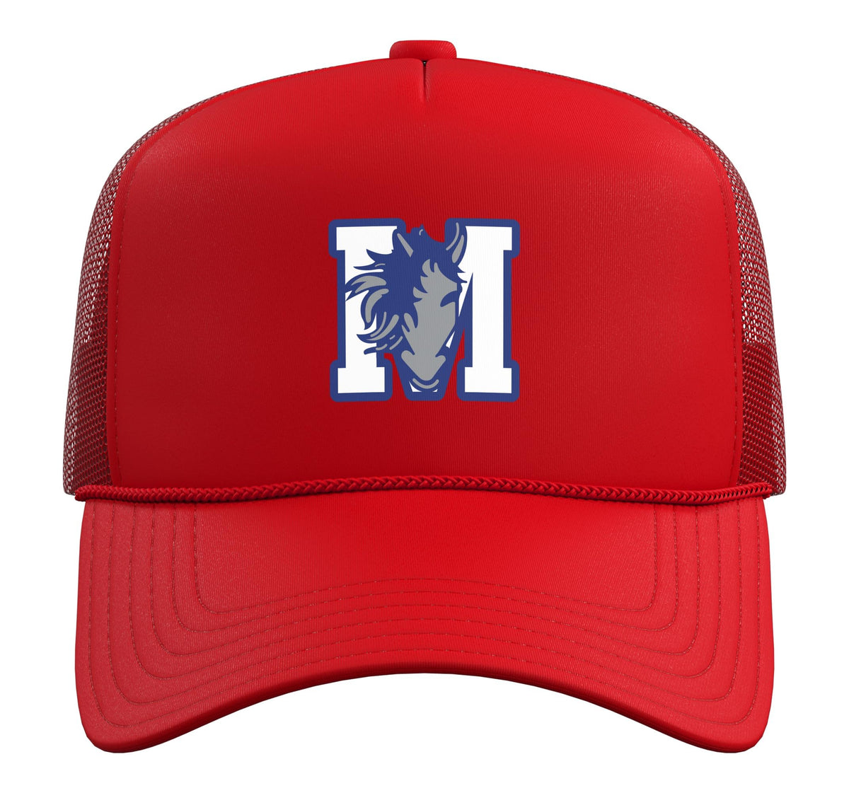 Curtis-Tufts M Mustang Trucker Hat with Adjustable Mesh Back by Curtis-Tufts High School, Medford, MA 02155 – Polyester, Red