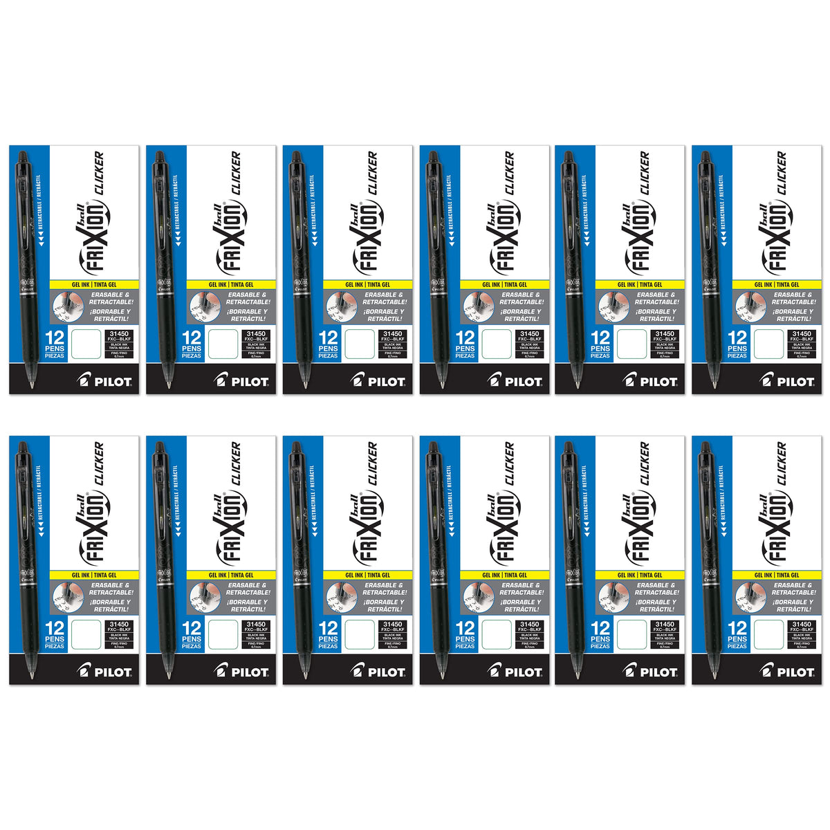 FriXion Clicker Erasable Gel Pens, Fine Point 0.7 mm, (Pack of 12, 144 Count Total), Black by PILOT – 12 Count (Pack of 12), Ink, Black, Pack of 12, Model 18505