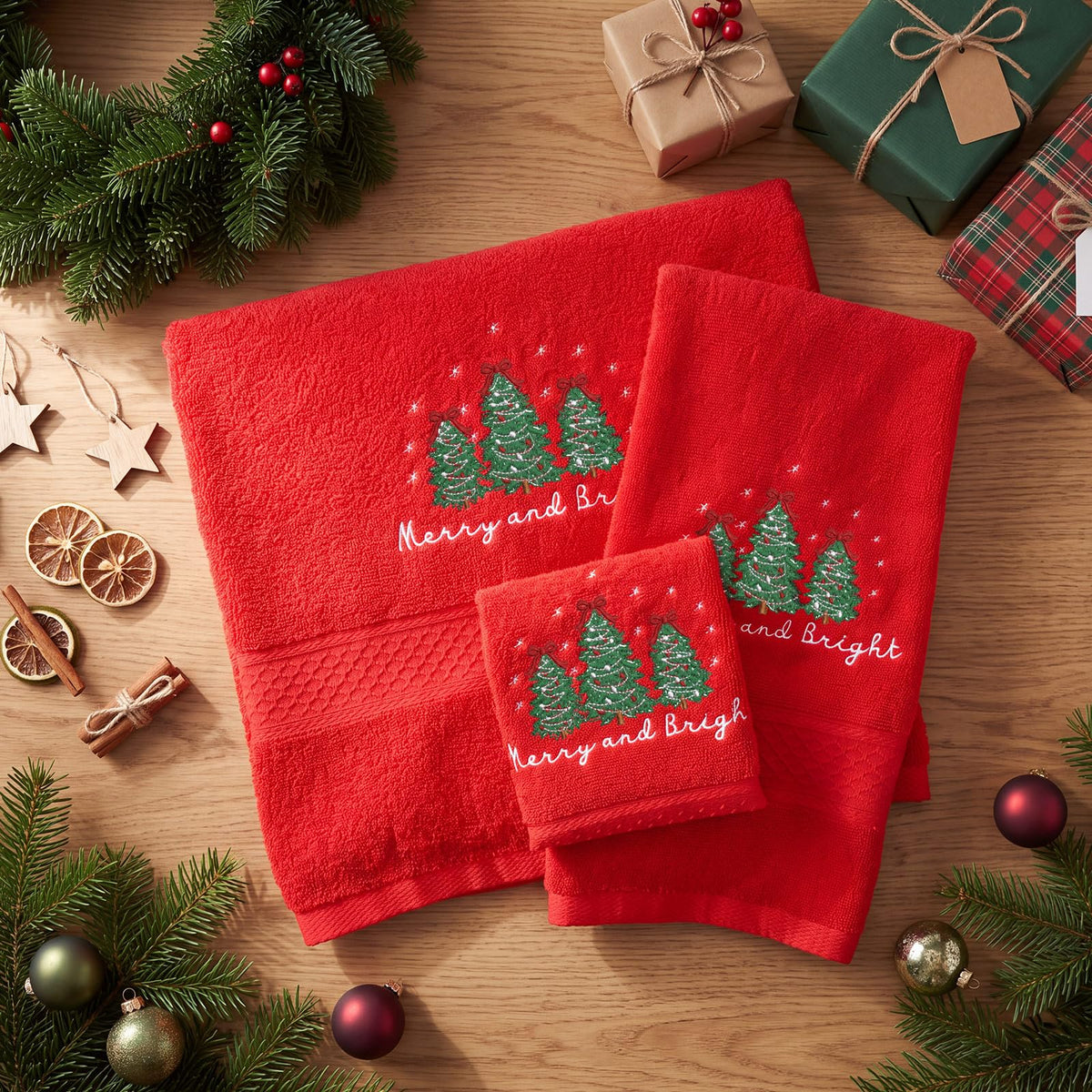 Lumina Garden Christmas Towel Set, Embroidered Cotton, 6 Piece Red
