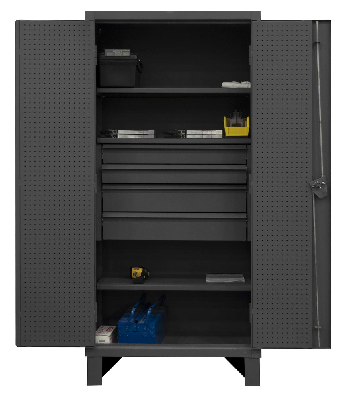 Cabinet, 3 shelf, 3 drawer, broom holder by Durham – Alloy Steel, Grey, Model HDCDB243678-4M95