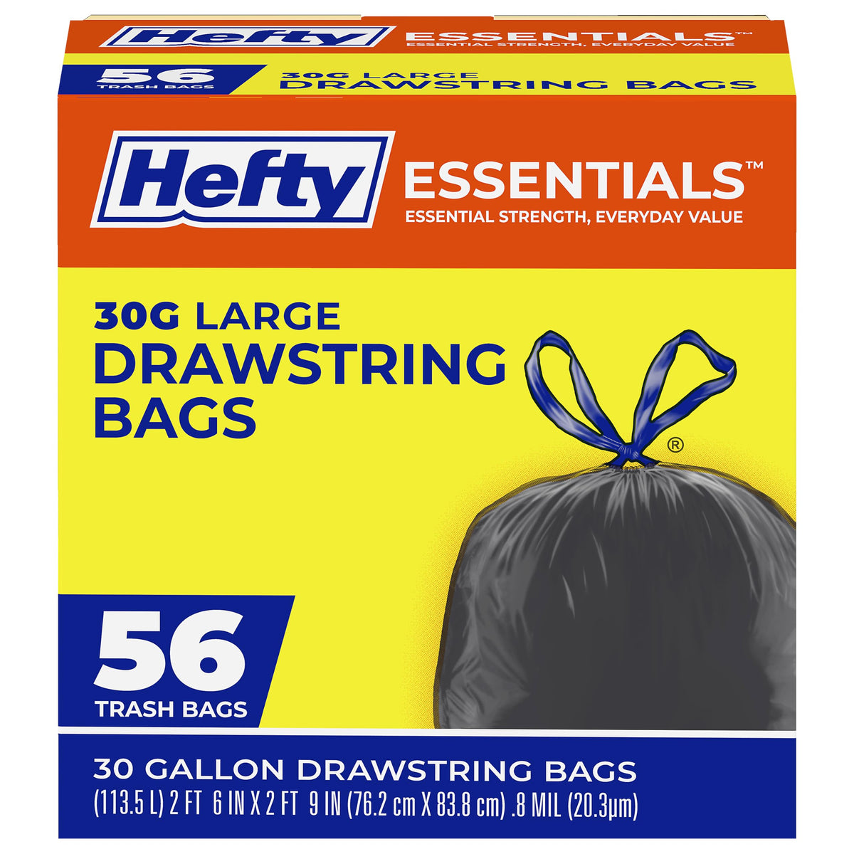 Essentials 30 Gallon Trash Bags by Hefty – 56 Count (Pack of 1), 30.0 gallons, PE, Black, Model E89066PR