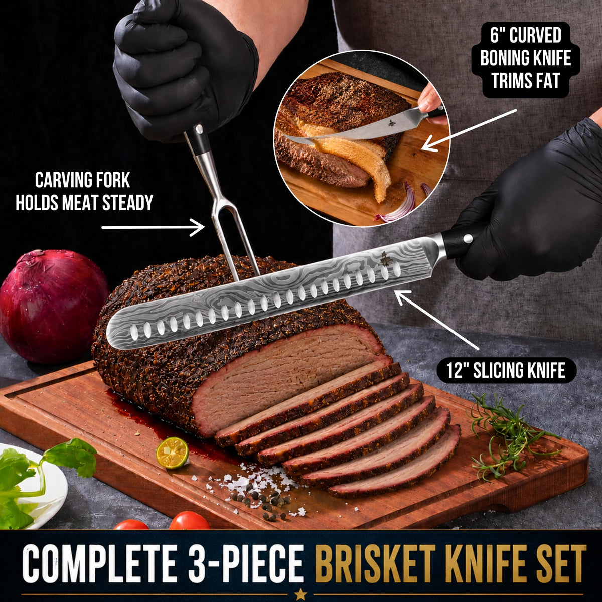Iron Grillers Carving Knife Set, 12 Inch Slicing Knife with Boning Knife and Fork, Silver