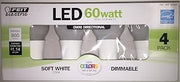Feit Electric LED 60 Watt (Uses Only 9.5 Watts) Replacement OMNI Directional Soft White Dimmable Bulbs; 4 Pack; CEOM60/927/4