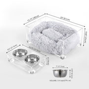 Billie 24" x 15.75" Small Modern Lucite Pet Bed with Washable Cushion and 4" Elevated Pet Feeder with 27 oz 2-Stainless Steel Bowls by THE LICKER STORE – Model DBD2001A-2SET