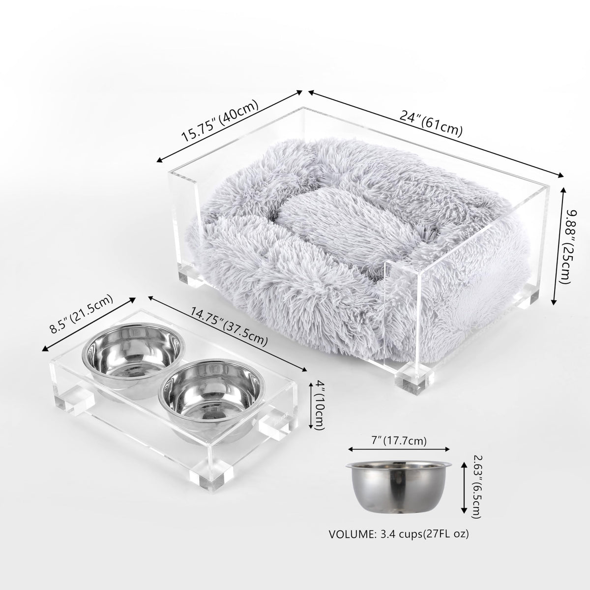 Billie 24" x 15.75" Small Modern Lucite Pet Bed with Washable Cushion and 4" Elevated Pet Feeder with 27 oz 2-Stainless Steel Bowls by THE LICKER STORE – Model DBD2001A-2SET