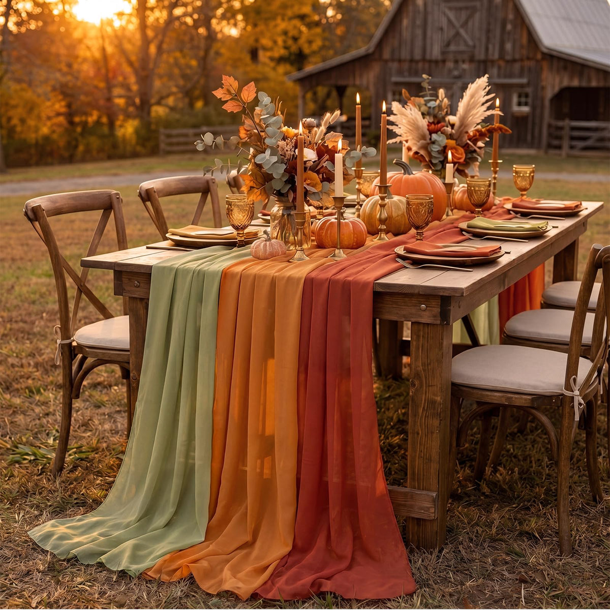 Boao Chiffon Table Runner, 12 x 118 Inches, Set of 6 in Yellow Orange and Maple Red