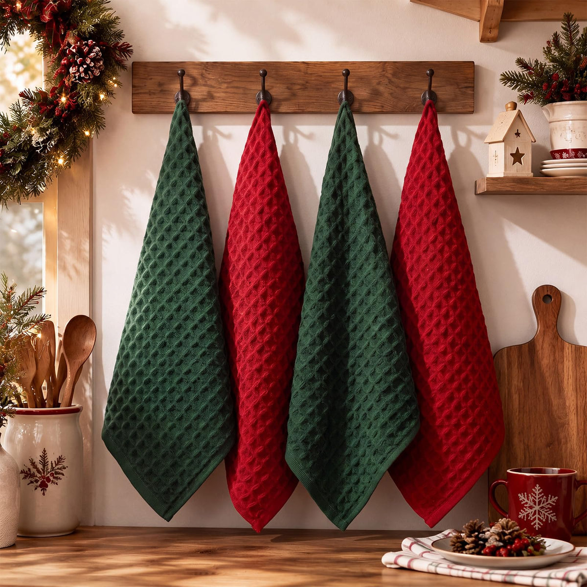 Tingjoo Waffle Weave Kitchen Towels, 4 Pack, Red Green