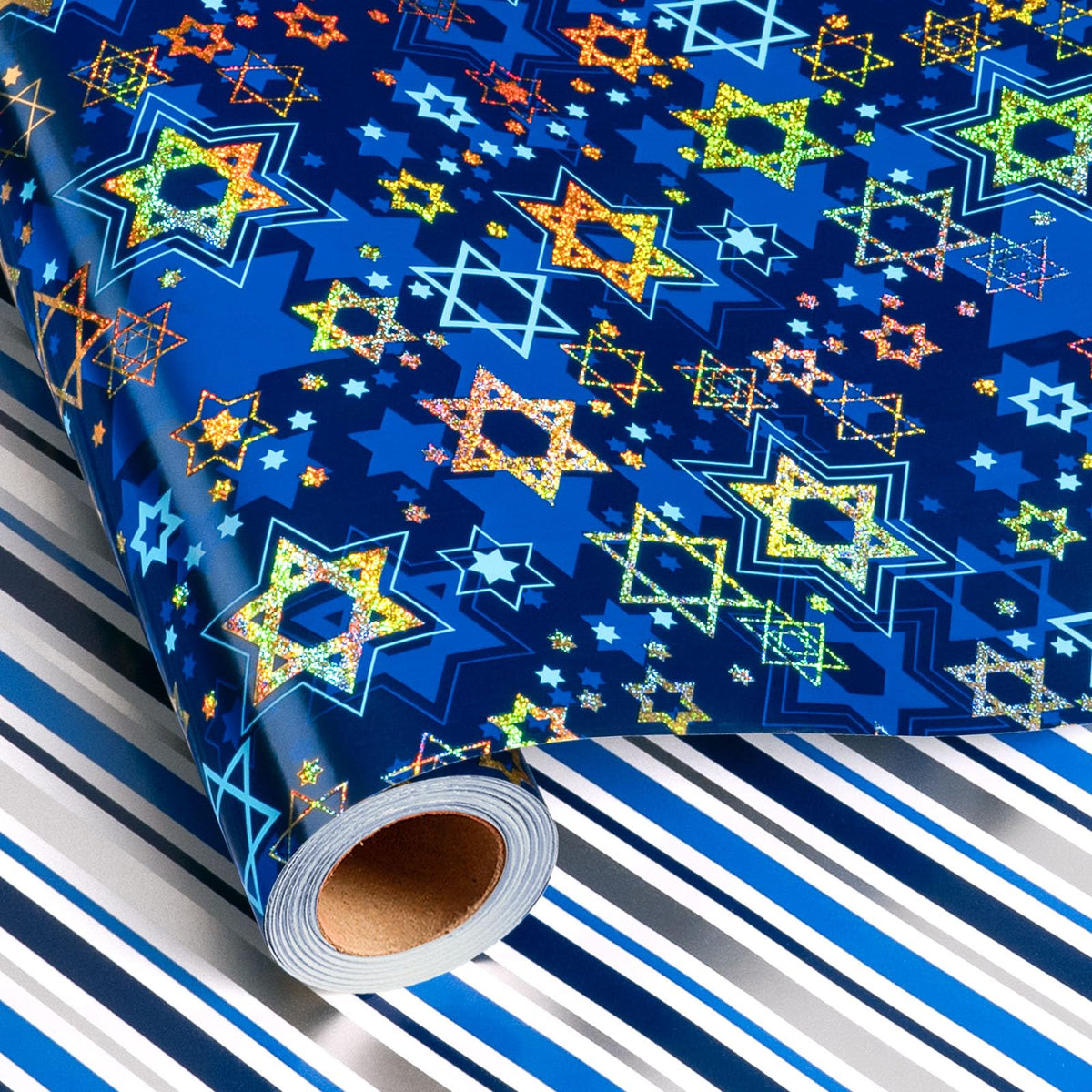 Maypluss Star of David Wrapping Paper, Metallic Foil Navy Blue, 17 Inch x 33 Feet