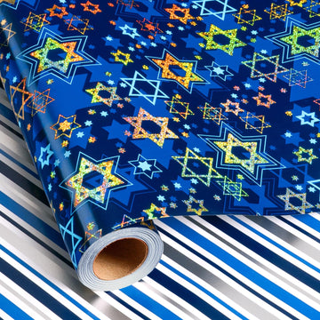 Maypluss Star of David Wrapping Paper, Metallic Foil Navy Blue, 17 Inch x 33 Feet